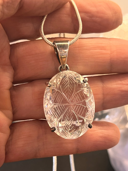 925 Sterling Silver Hand Carved Clear Quartz Flower Pendant | Oval Crystal Necklace | Healing Gemstone Jewelry