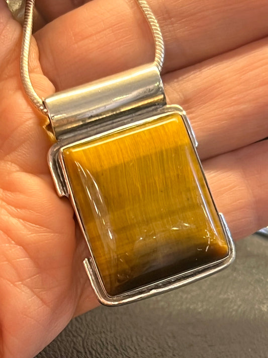 925 Sterling Silver Golden Tiger's Eye Pendant | Natural Tiger Eye Rectangle Necklace | Handmade Gemstone Jewelry