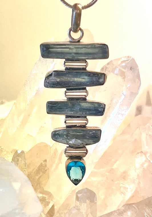 925 Sterling Silver Natural Blue Kyanite Multi-Stone Pendant with Blue Topaz Accent | Handmade Gemstone Necklace