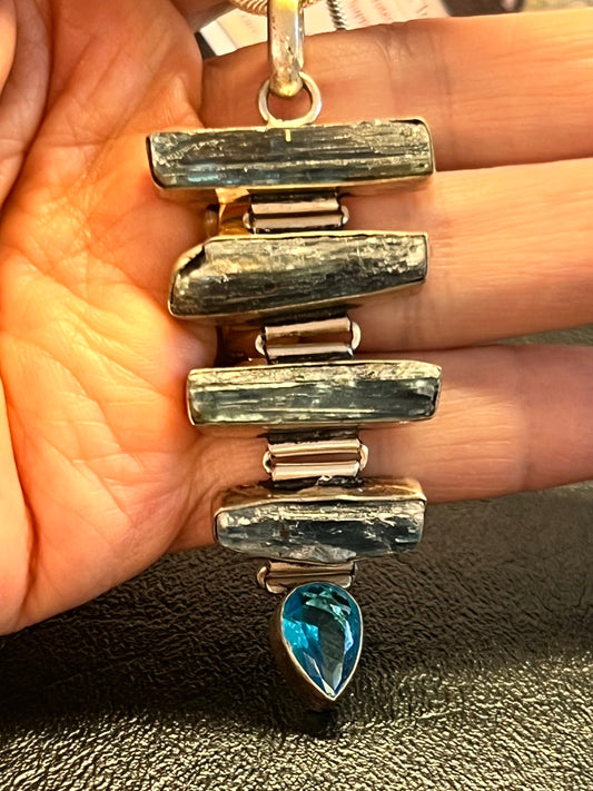 925 Sterling Silver Natural Blue Kyanite Multi-Stone Pendant with Blue Topaz Accent | Handmade Gemstone Necklace