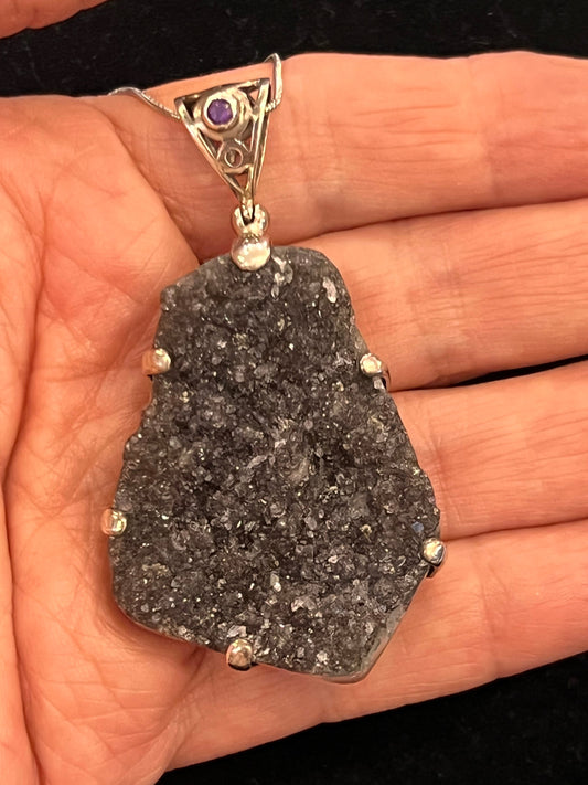 925 Sterling Silver Black Druzy Quartz Pendant with Amethyst Accent | Natural Druzy Crystal Necklace | Statement Jewelry