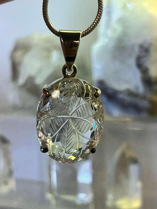 925 Sterling Silver Hand Carved Clear Quartz Flower Pendant | Oval Crystal Necklace | Healing Gemstone Jewelry