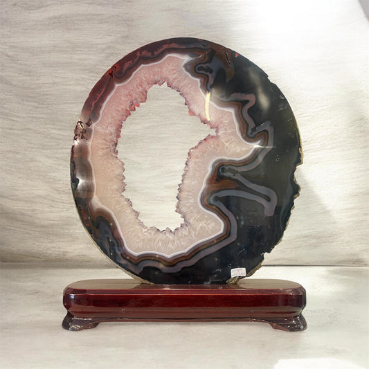 Large Pink Agate Geode Slice on Wooden Stand – Natural Crystal Display – Druzy Agate Statement Piece – Collector Mineral Specimen