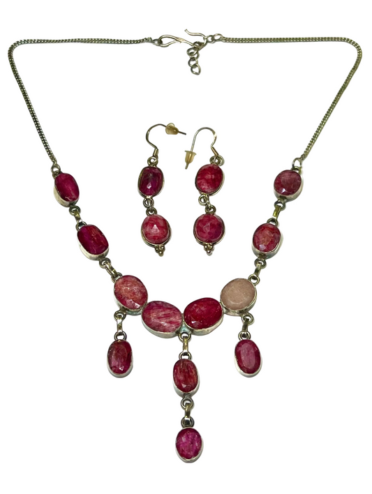 Natural Ruby Gemstone Necklace Set with Earrings – Handmade Statement Jewelry – Sterling Silver – Boho Luxury Red Crystal Set