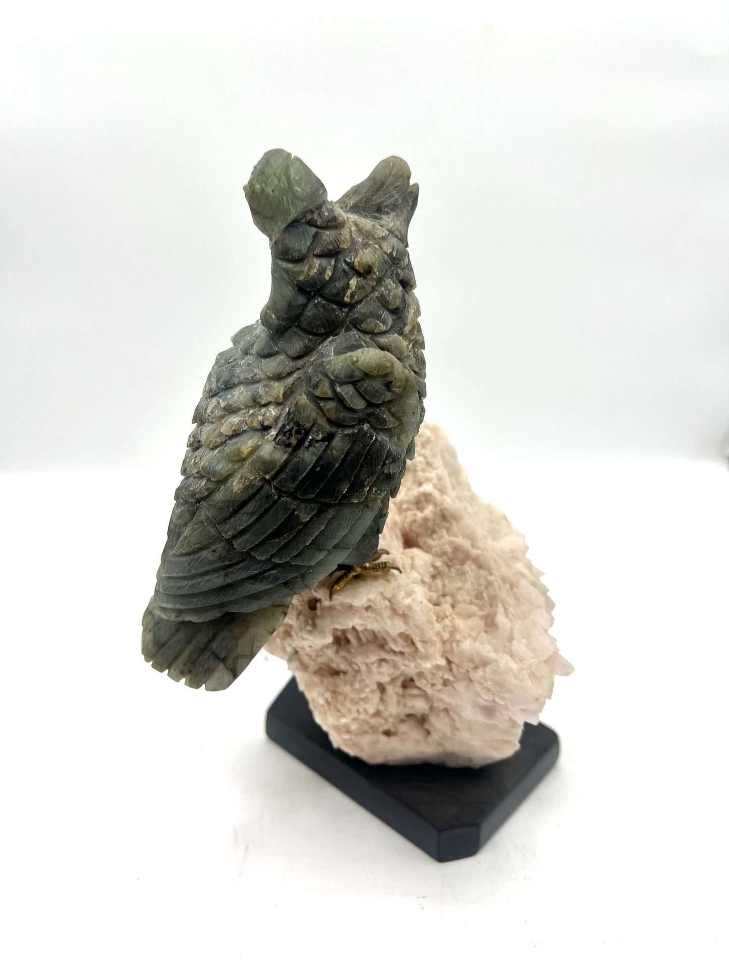 Hand-Carved Labradorite Owl on Pink Calcite Cluster – Intuition, Protection & Transformation Crystal Sculpture