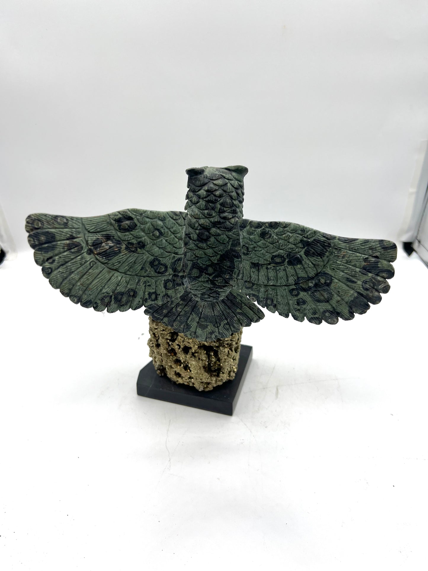 Hand-Carved Green Owl with Open Wings on Pyrite Base – Protection, Expansion & Abundance Crystal Sculpture
