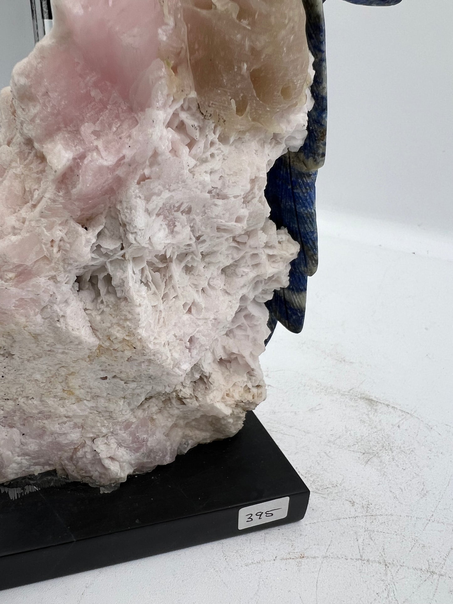 Hand-Carved Lapis Lazuli Parrot on Pink Calcite Stone – Intuition, Love & Emotional Healing Crystal Sculpture