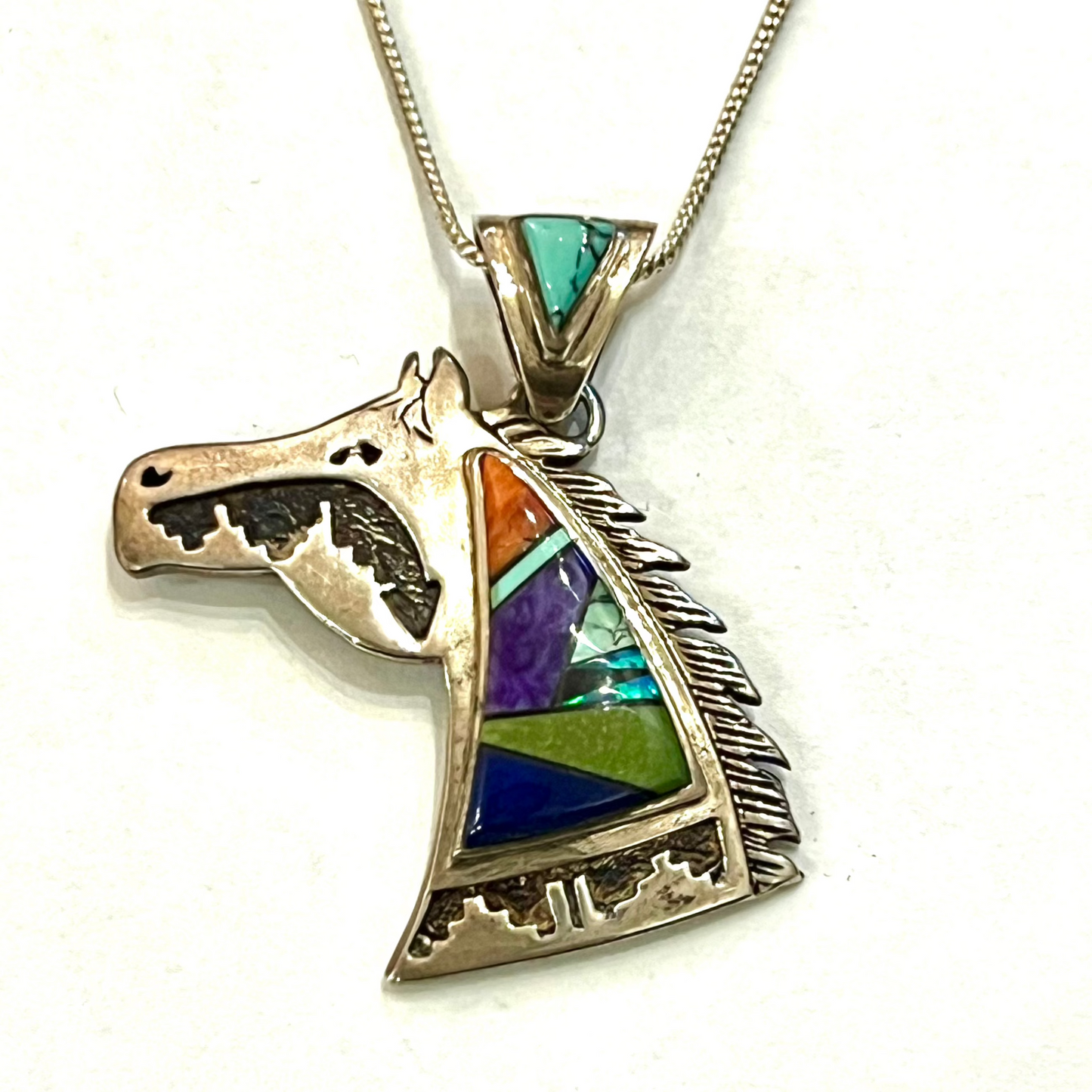 Rare Native Calvin Begay Sterling Horse Head Pendant with Gemstone Inlay