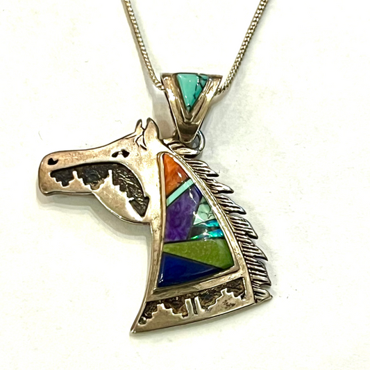 Rare Native Calvin Begay Sterling Horse Head Pendant with Gemstone Inlay