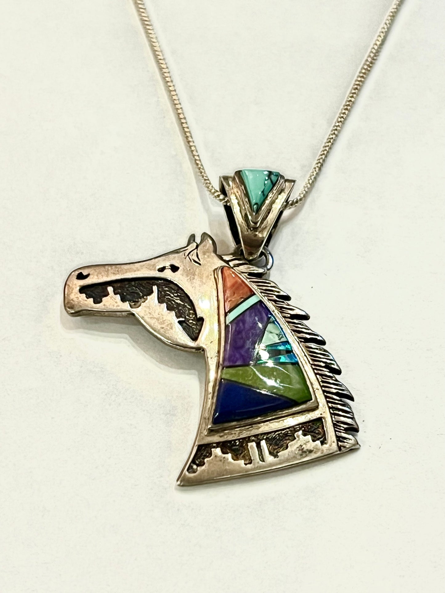 Rare Native Calvin Begay Sterling Horse Head Pendant with Gemstone Inlay