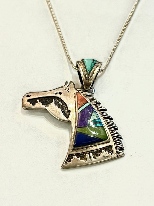 Rare Native Calvin Begay Sterling Horse Head Pendant with Gemstone Inlay