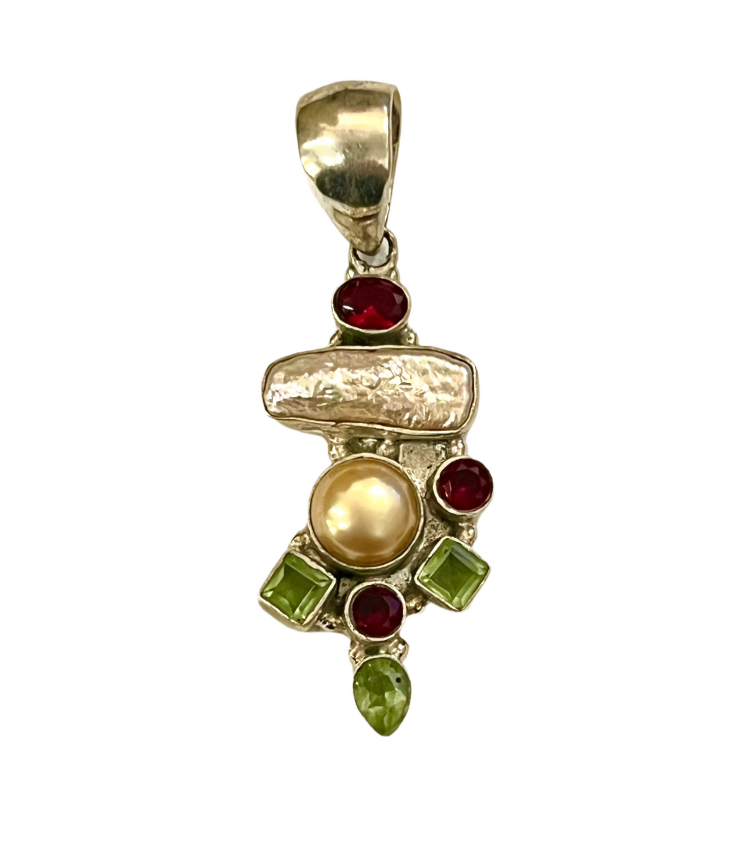 Multi Gemstone Pendant Perl, Peridot, Ruby Pure Silver Necklace Vintage Large