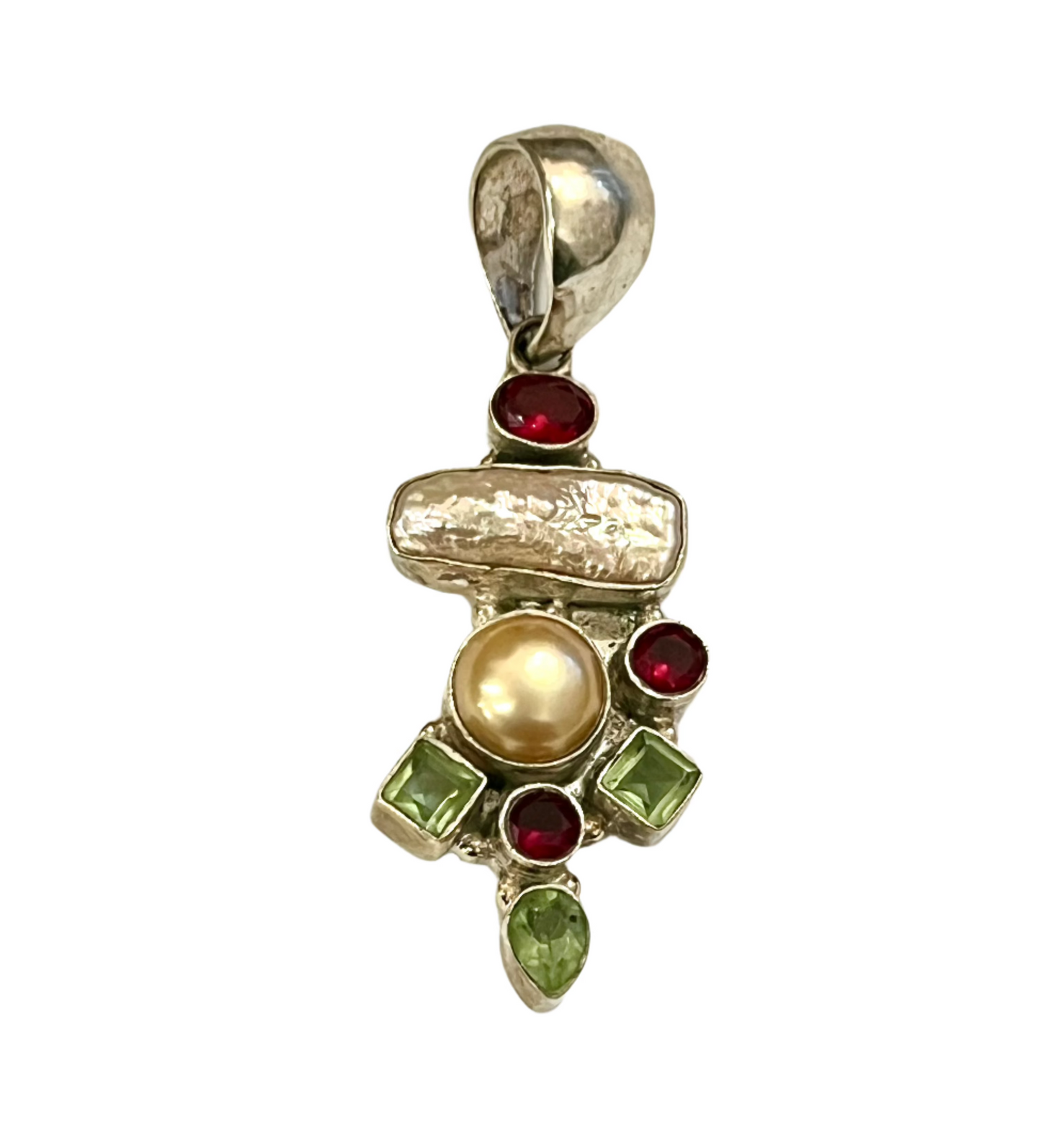 Multi Gemstone Pendant Perl, Peridot, Ruby Pure Silver Necklace Vintage Large