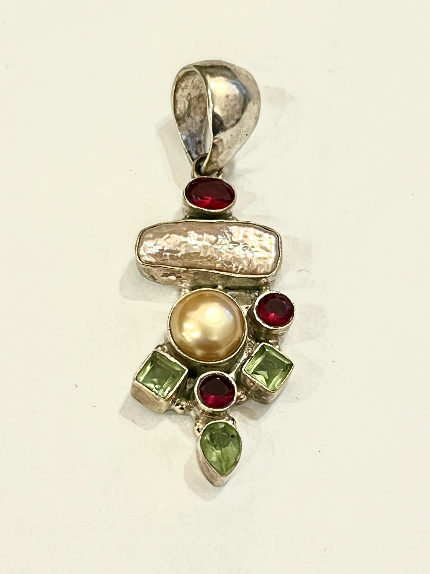 Multi Gemstone Pendant Perl, Peridot, Ruby Pure Silver Necklace Vintage Large