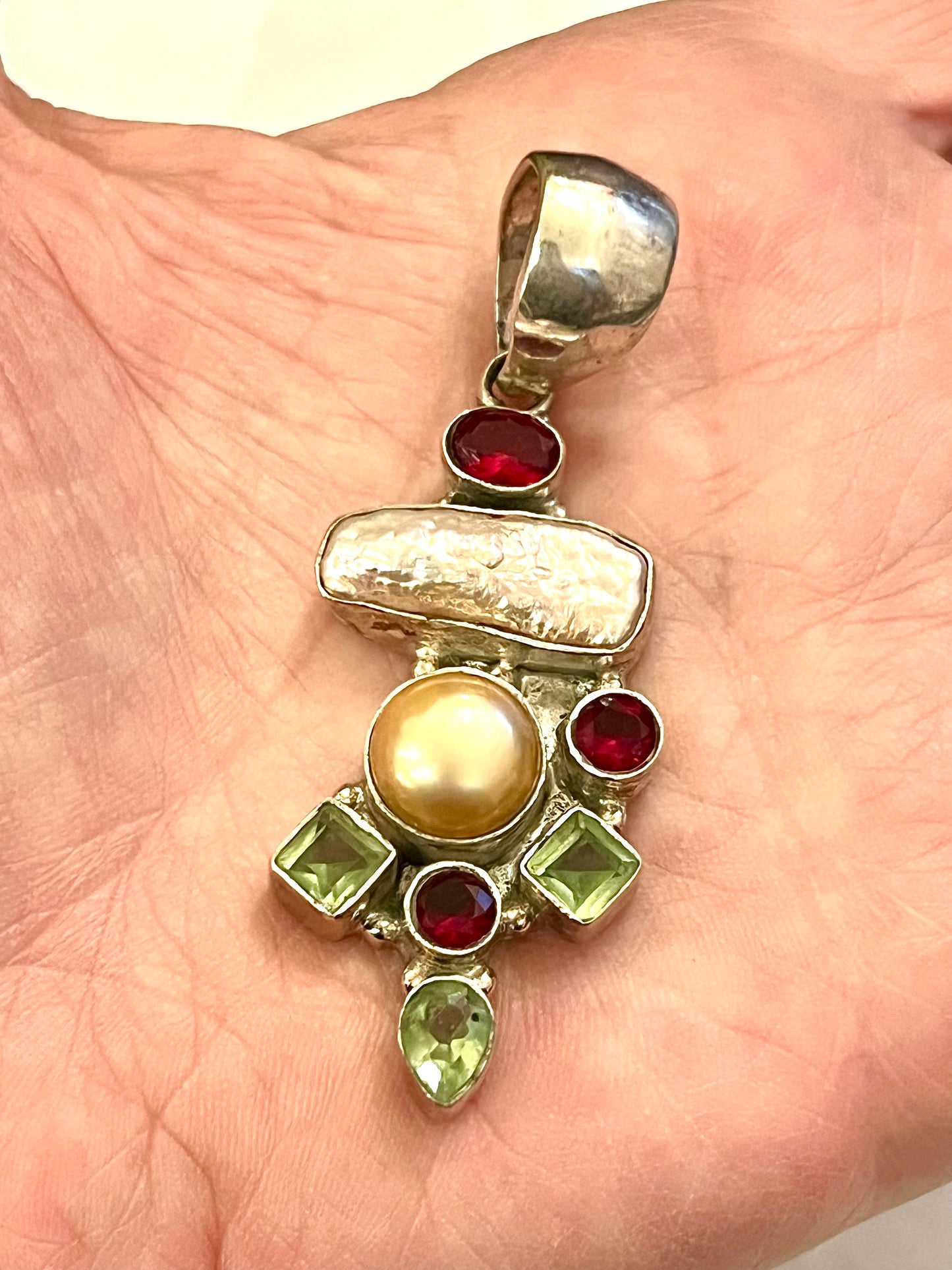 Multi Gemstone Pendant Perl, Peridot, Ruby Pure Silver Necklace Vintage Large