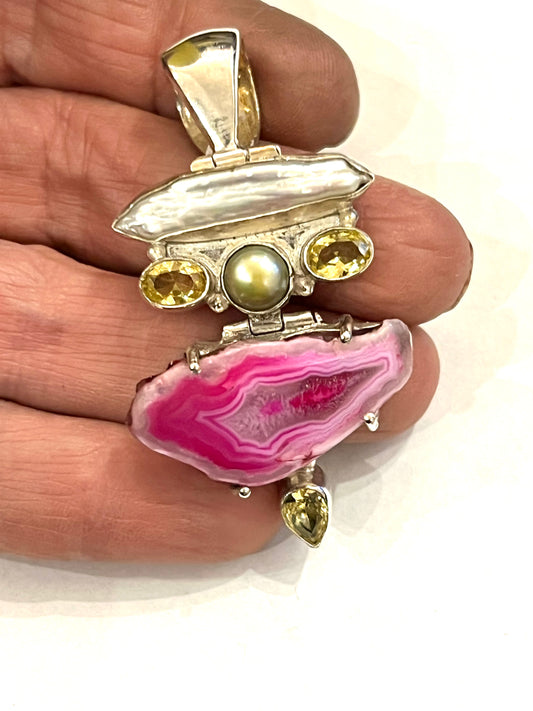 Multi Gemstone Pendant Perl, Citrine, Agate Pure Silver Necklace Vintage Large Unique