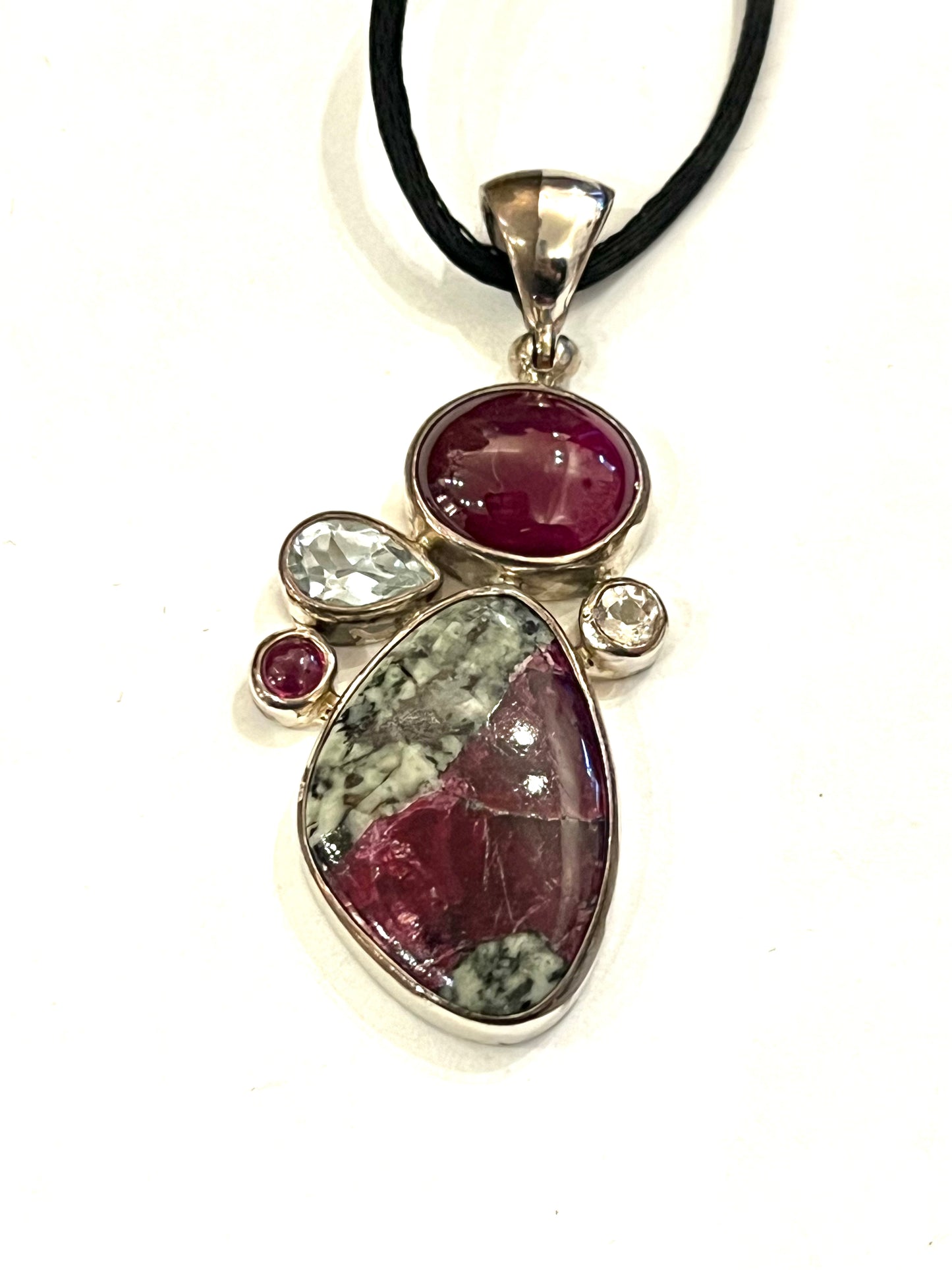 Multi Gemstone Pendant Ruby, Topaz, Eudyalite Pure Silver Necklace Vintage Large Unique