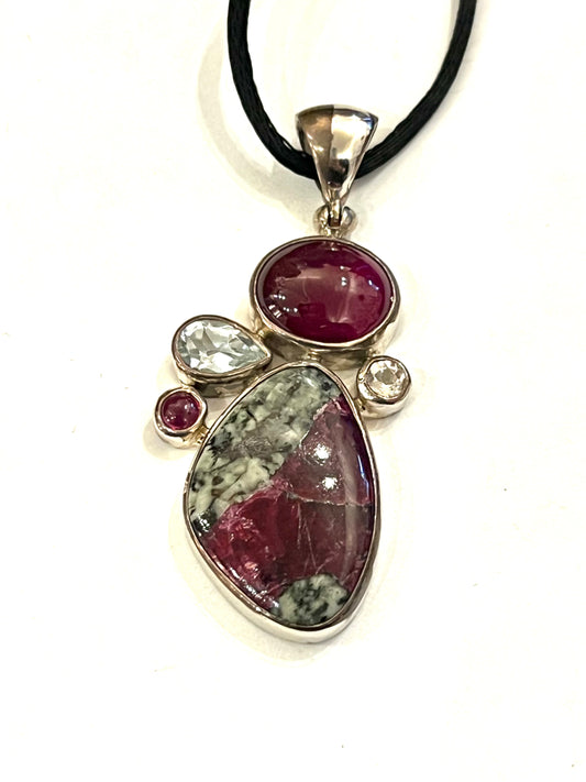 Multi Gemstone Pendant Ruby, Topaz, Eudyalite Pure Silver Necklace Vintage Large Unique