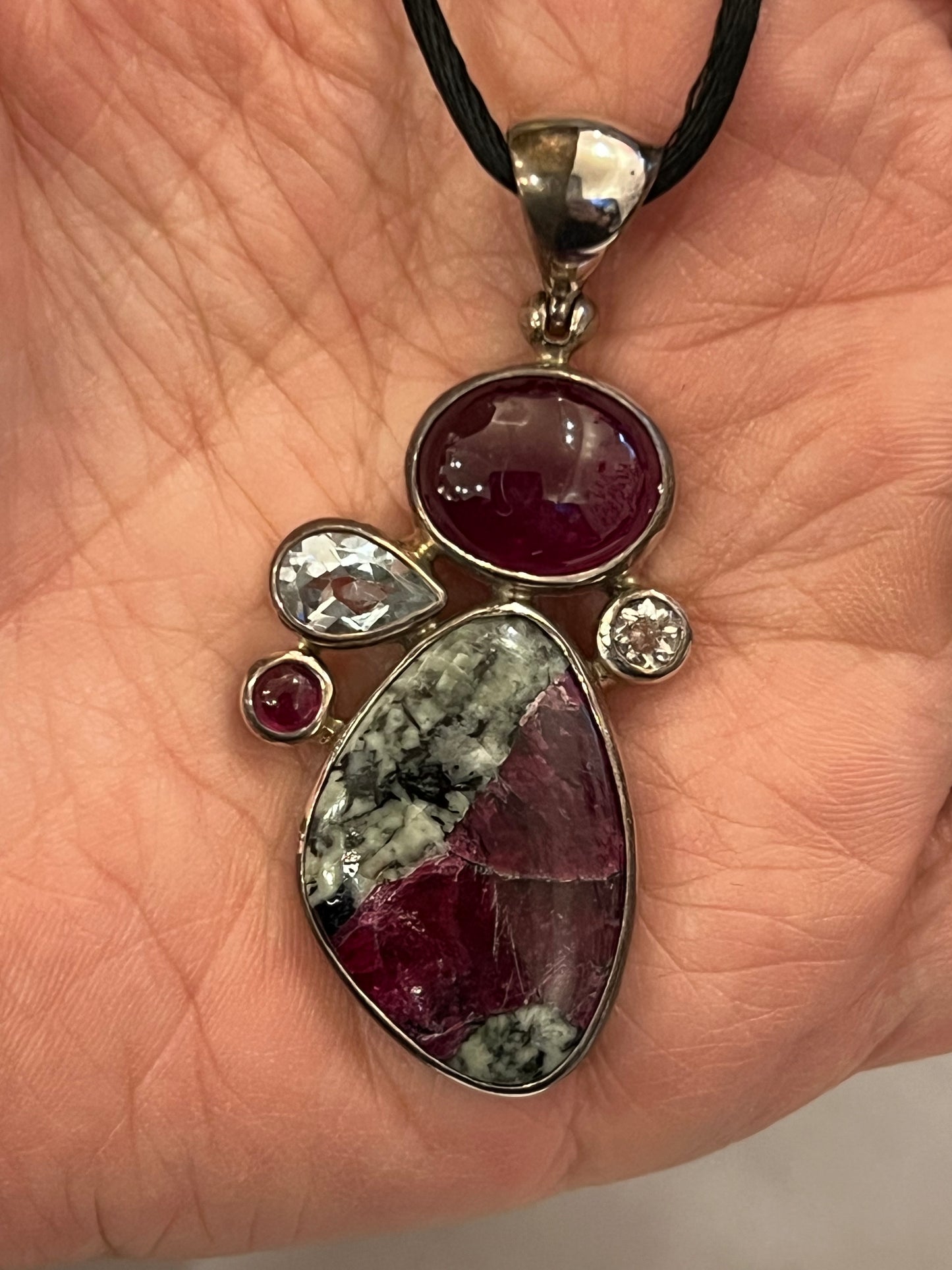 Multi Gemstone Pendant Ruby, Topaz, Eudyalite Pure Silver Necklace Vintage Large Unique