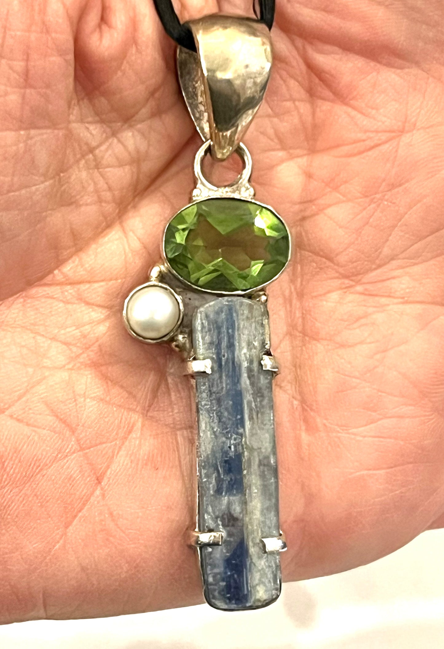 Multi Gemstone Pendant Blue Kyanite, Perl, Peridot, Pure Silver Necklace Vintage Large Unique