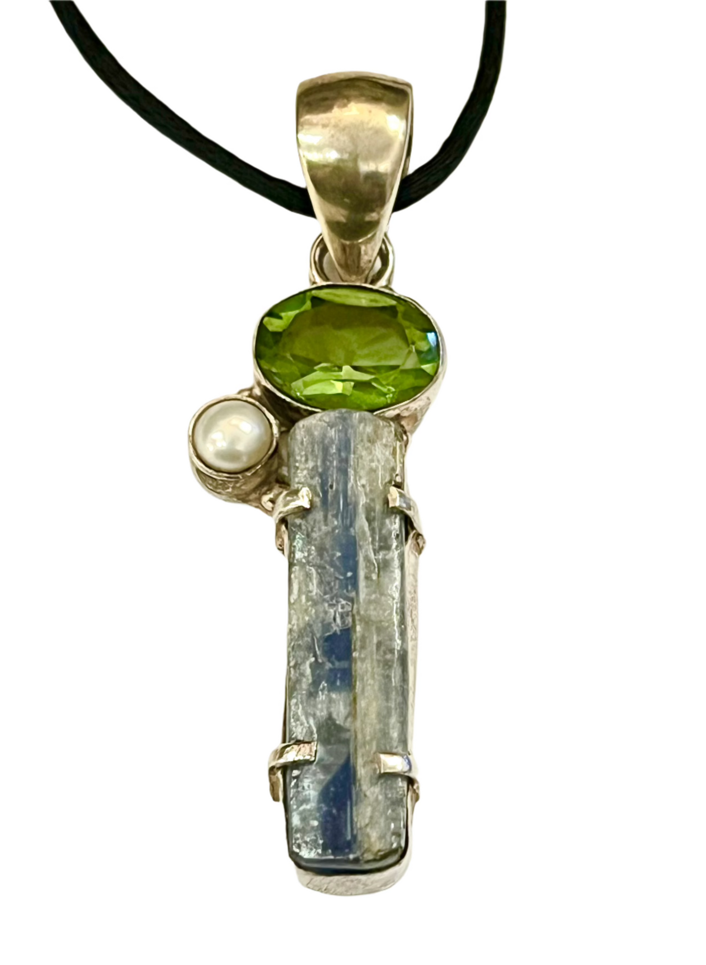 Multi Gemstone Pendant Blue Kyanite, Perl, Peridot, Pure Silver Necklace Vintage Large Unique