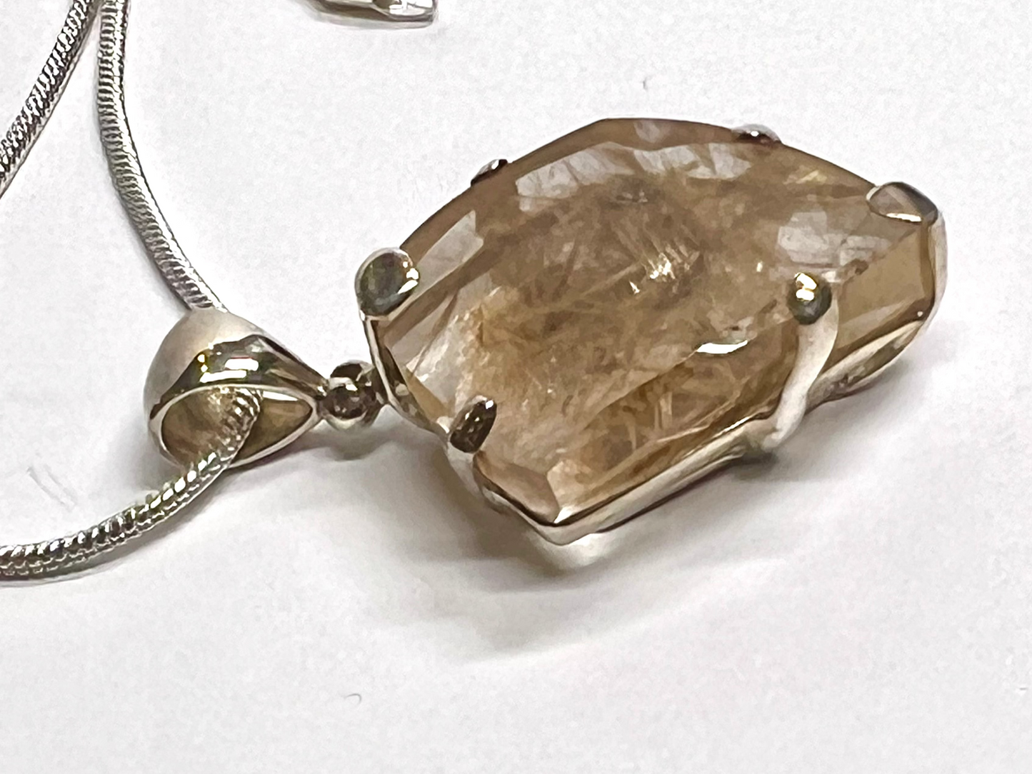 Radiant Rutilated Quartz Oval Pendant – Healing Crystal Large Sterling Silver Statement Piece 1.5" long 7/8" wide