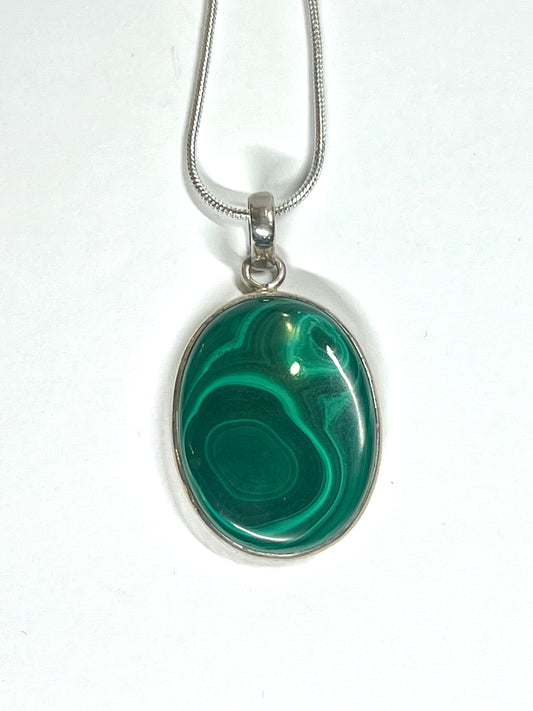 Bold Malachite Oval Pendant – Large Sterling Silver Statement Piece necklace 1.5" by 1 1/8"