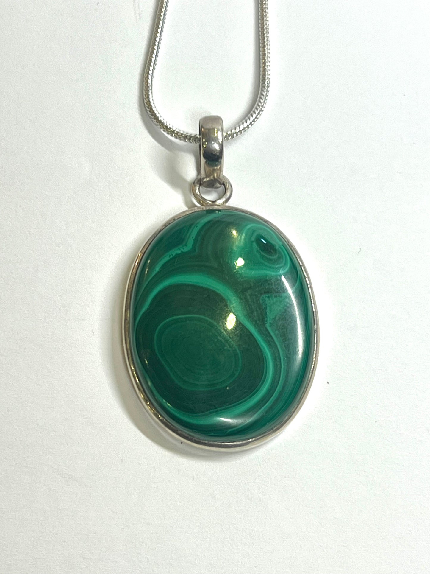 Bold Malachite Oval Pendant – Large Sterling Silver Statement Piece necklace 1.5" by 1 1/8"