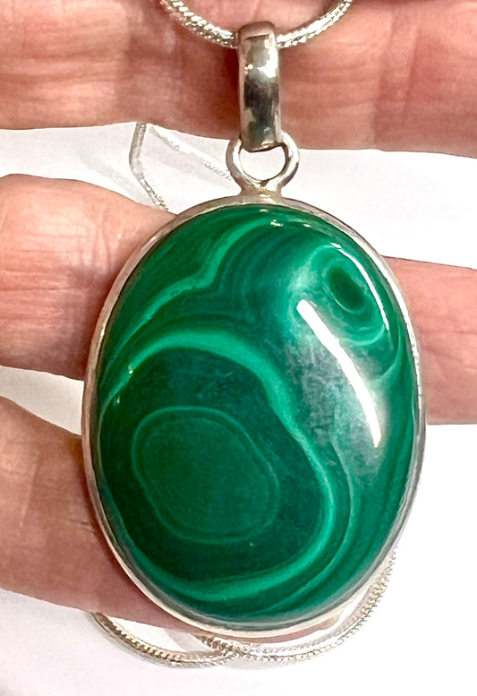 Bold Malachite Oval Pendant – Large Sterling Silver Statement Piece necklace 1.5" by 1 1/8"