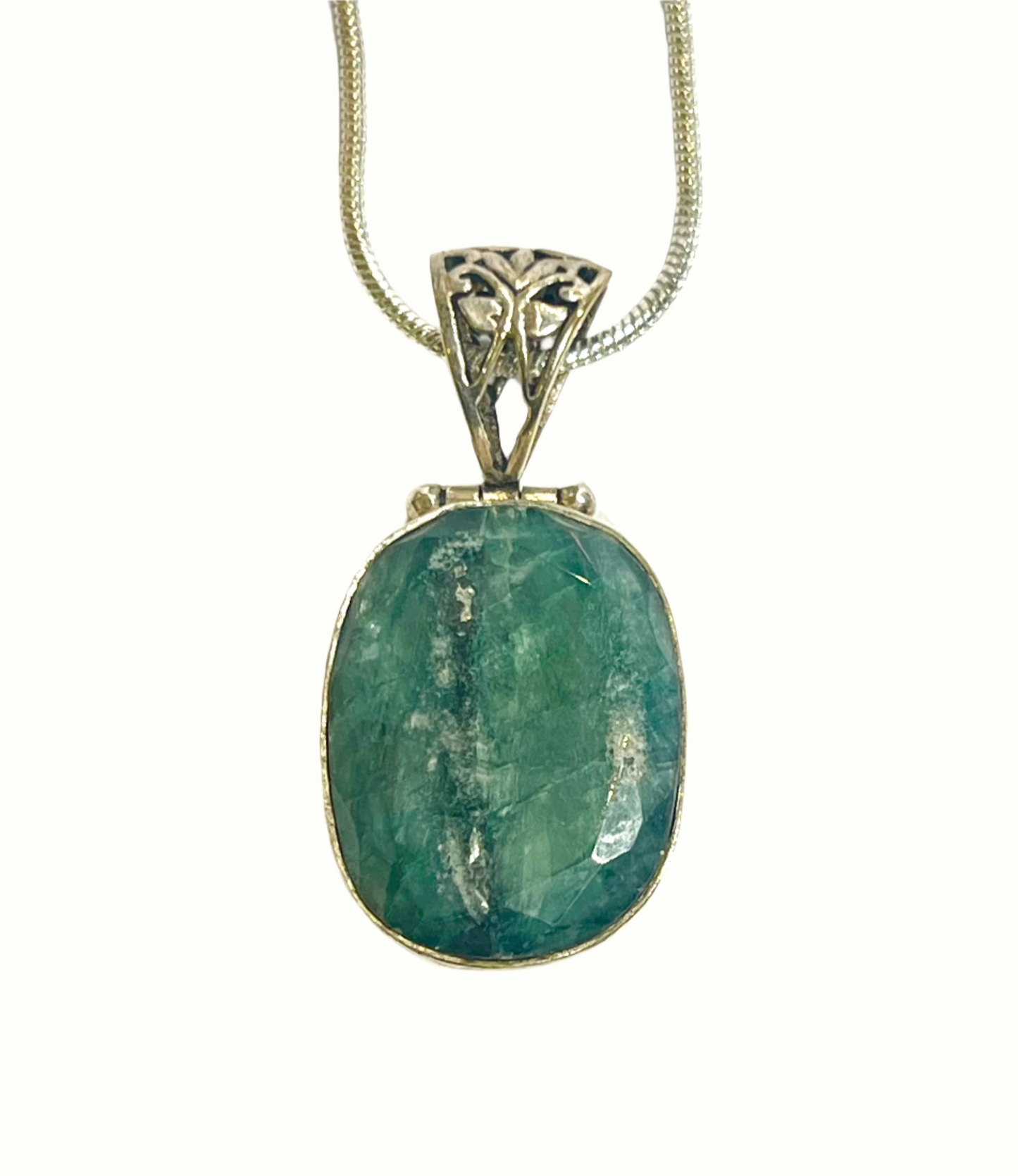 Large Silver Emerald Pendant Oval 925 Silver Charm Necklace Crystal Healing Sone