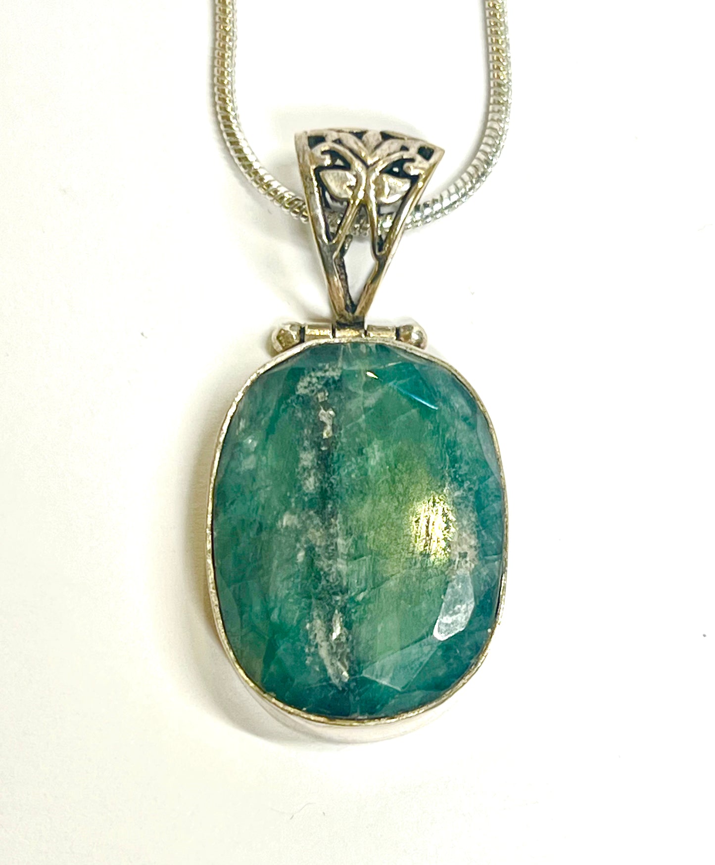 Large Silver Emerald Pendant Oval 925 Silver Charm Necklace Crystal Healing Sone