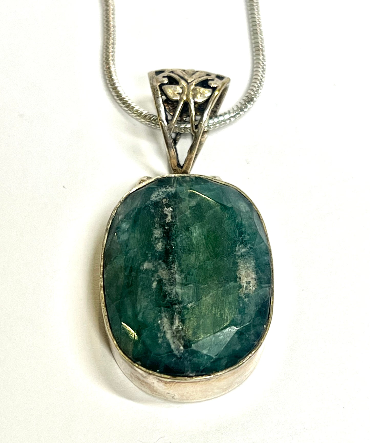 Large Silver Emerald Pendant Oval 925 Silver Charm Necklace Crystal Healing Sone