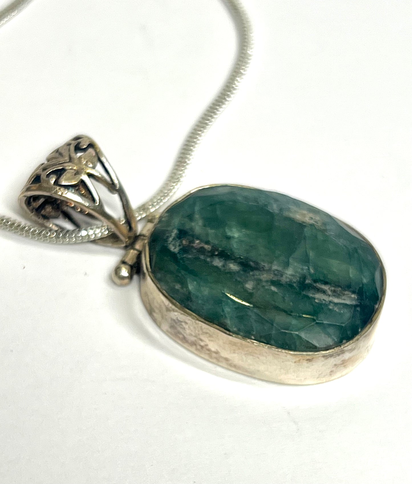 Large Silver Emerald Pendant Oval 925 Silver Charm Necklace Crystal Healing Sone