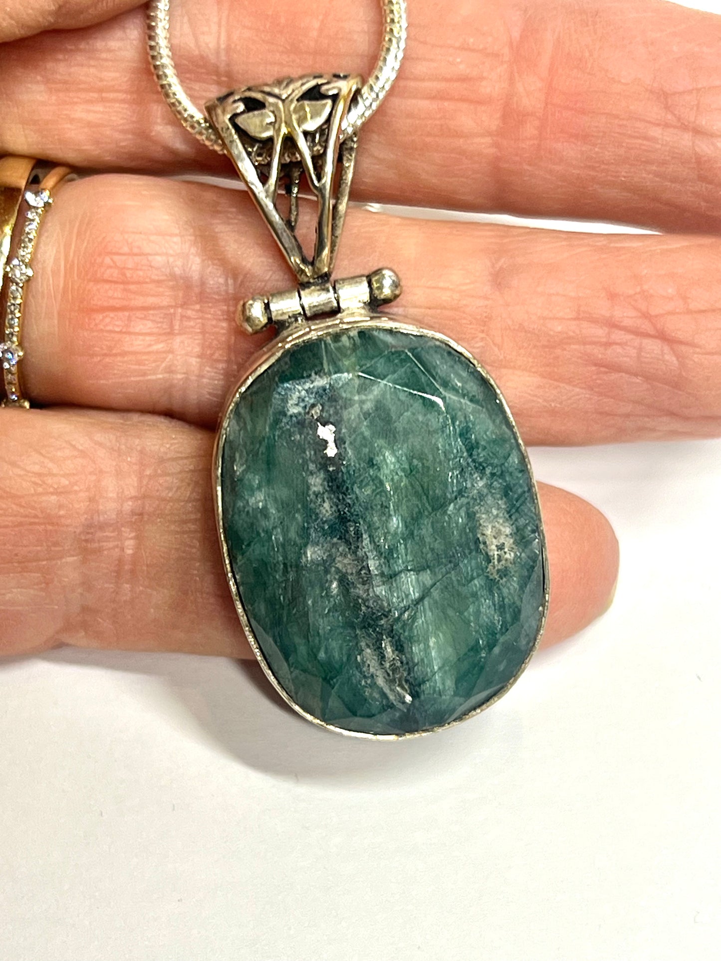 Large Silver Emerald Pendant Oval 925 Silver Charm Necklace Crystal Healing Sone