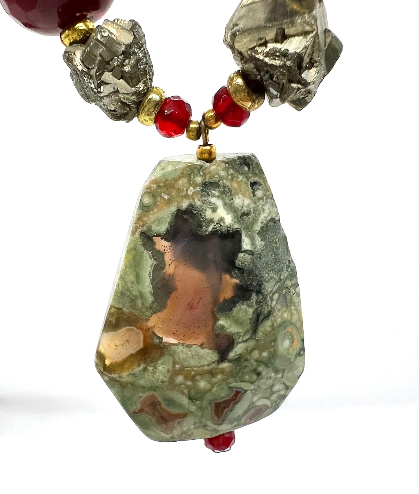 Large Healing Crystal Necklace Ruby, Pyrite, Rainforest Rhyolite Statement Bib Vintage Necklace