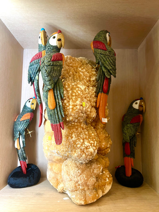 Macaw Parrots Carved From Semi precious gemstones on calcite Crystal cluster 24" by 13"