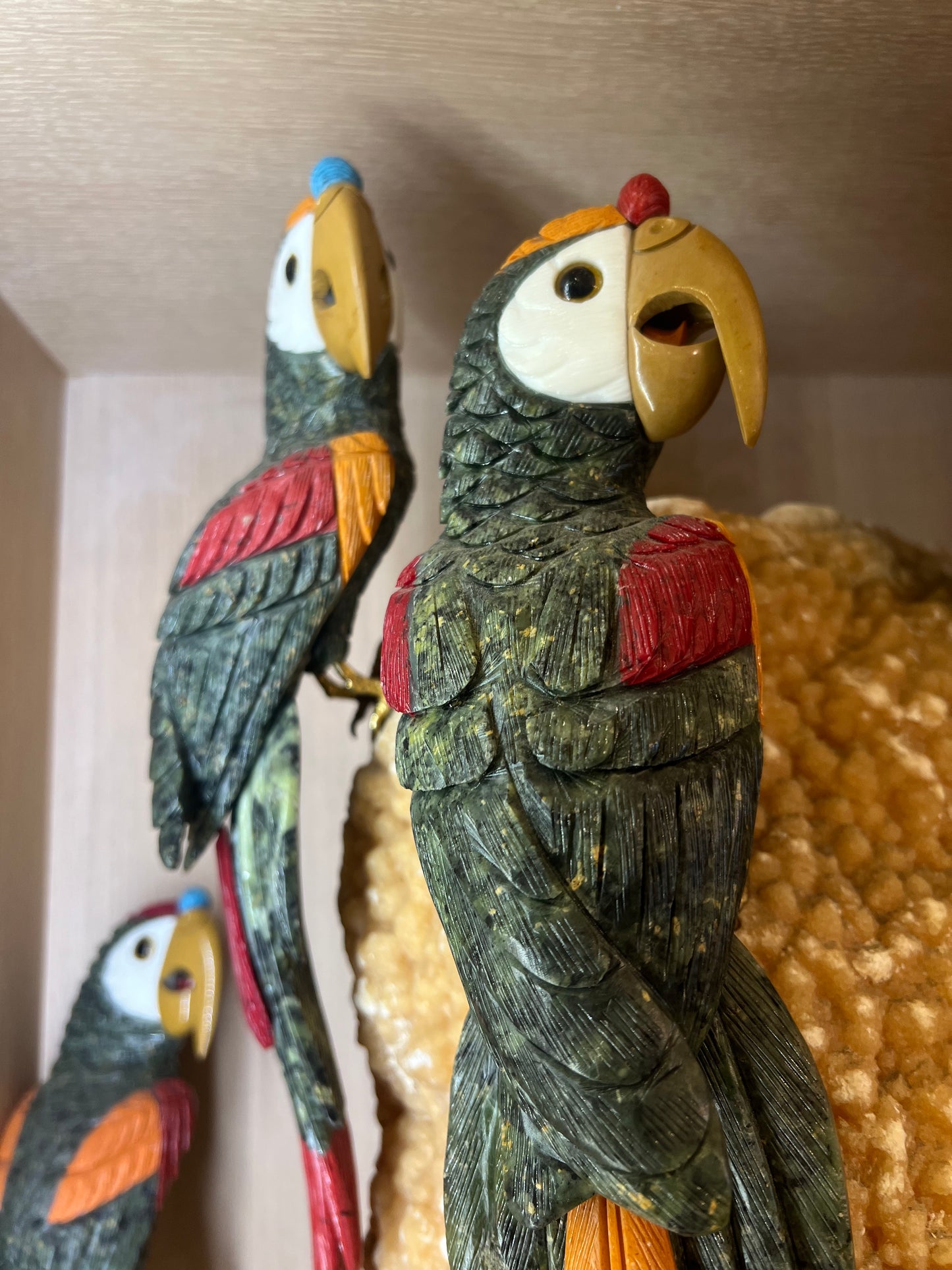 Macaw Parrots Carved From Semi precious gemstones on calcite Crystal cluster 24" by 13"
