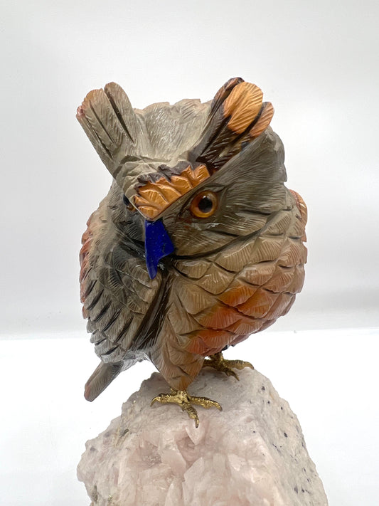Hand-Carved Gemstone Owl on Natural Crystal Matrix – Wisdom & Protection Spirit Animal Sculpture 9" by 7"