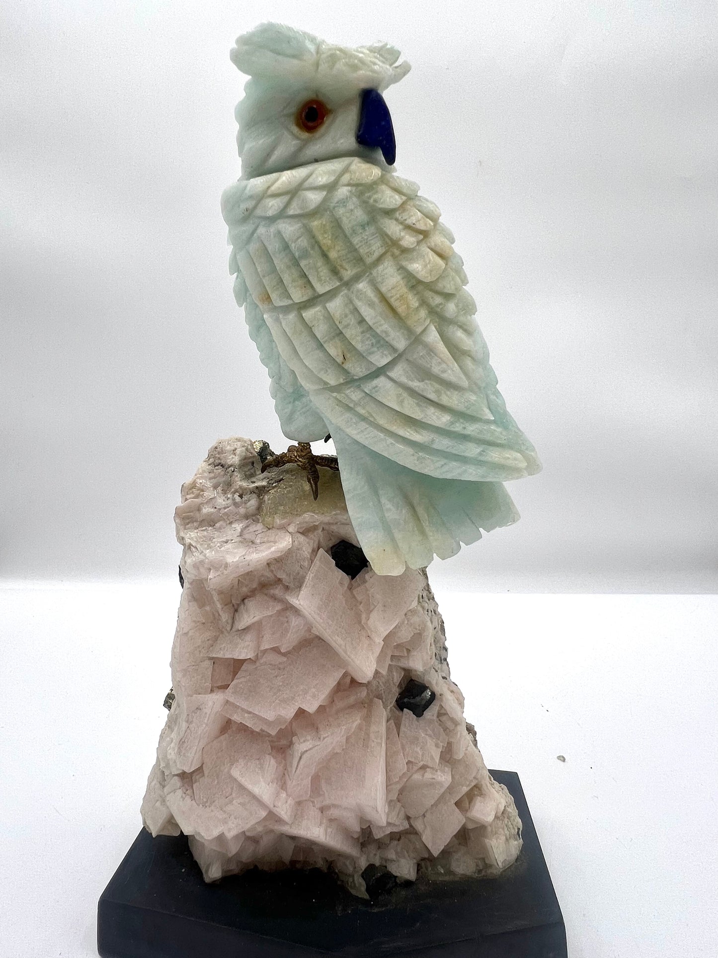 Hand-Carved Pale Green Gemstone Owl on Natural Crystal Matrix – Wisdom, Intuition & Protection Sculpture 9" by 5"