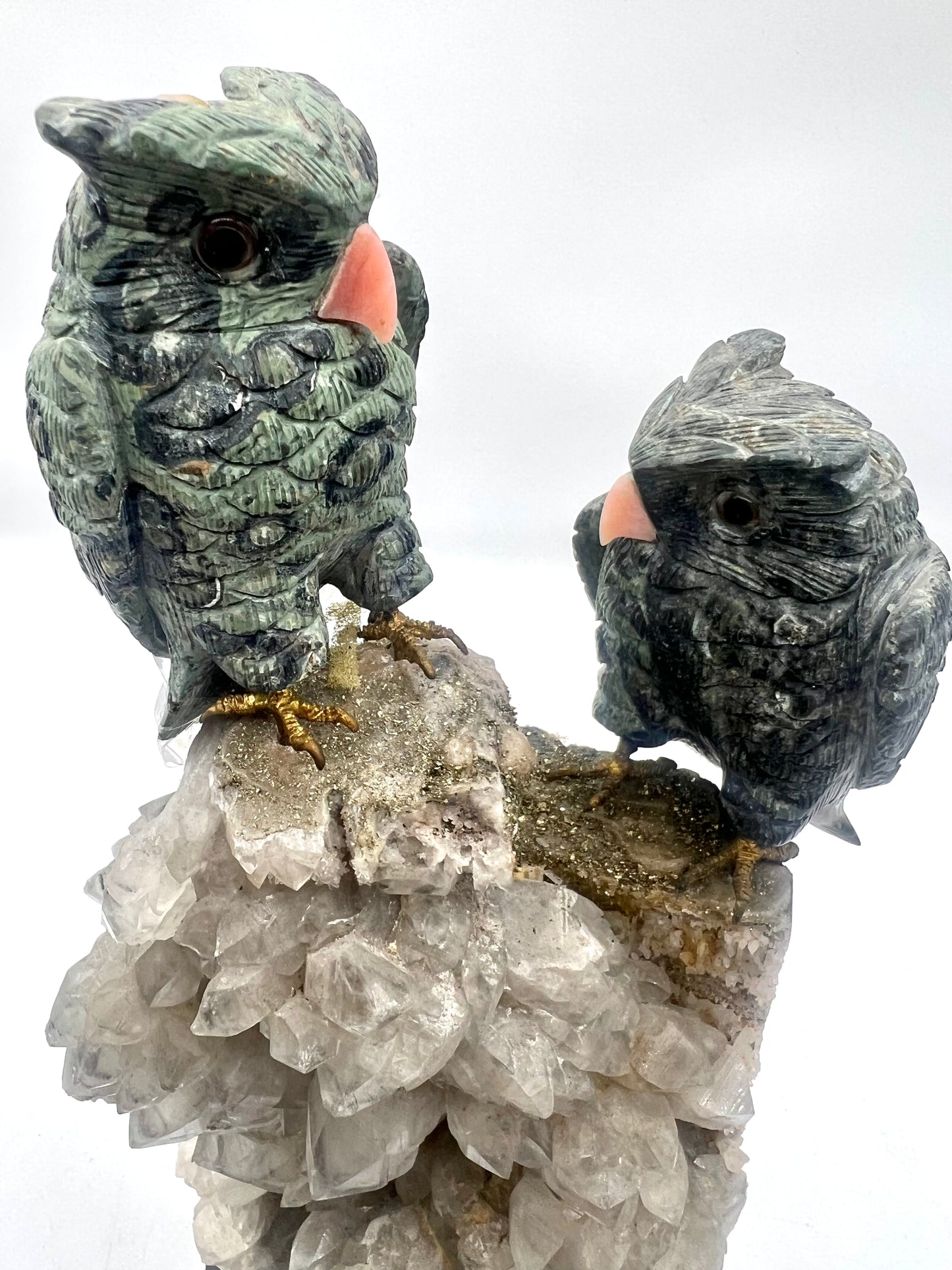 Hand-Carved Parrot Crystal Sculpture on Natural Quartz Cluster | Love Birds Stone Art | Healing Crystal Home Décor