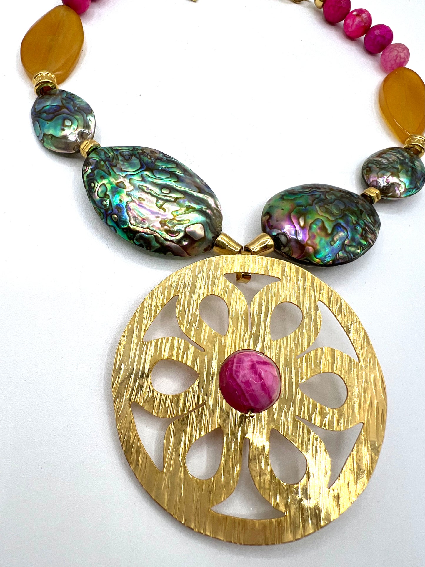 Large Bib Statement Necklace Gold Abalone Shell Agate Crystals Crystal Necklace