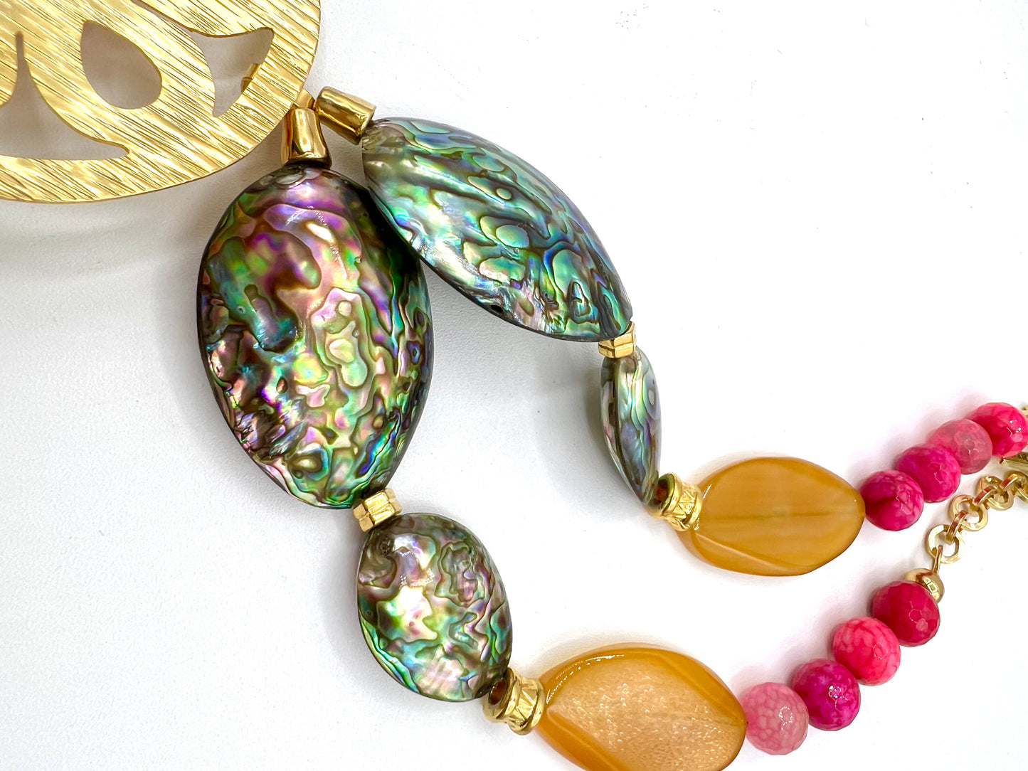 Large Bib Statement Necklace Gold Abalone Shell Agate Crystals Crystal Necklace