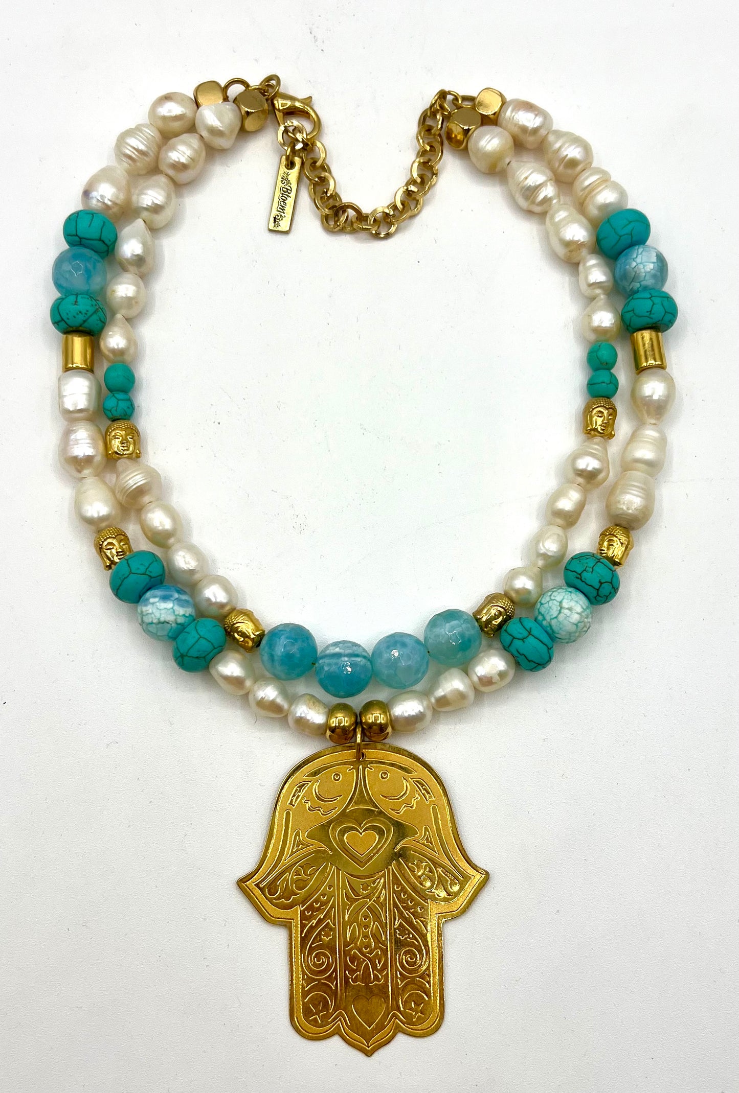 Large Statement Necklace Pearl, Turquoise, Blue Agate Crystals Buddha and Gold Hamsa Hand Bib Crystal Jewelry