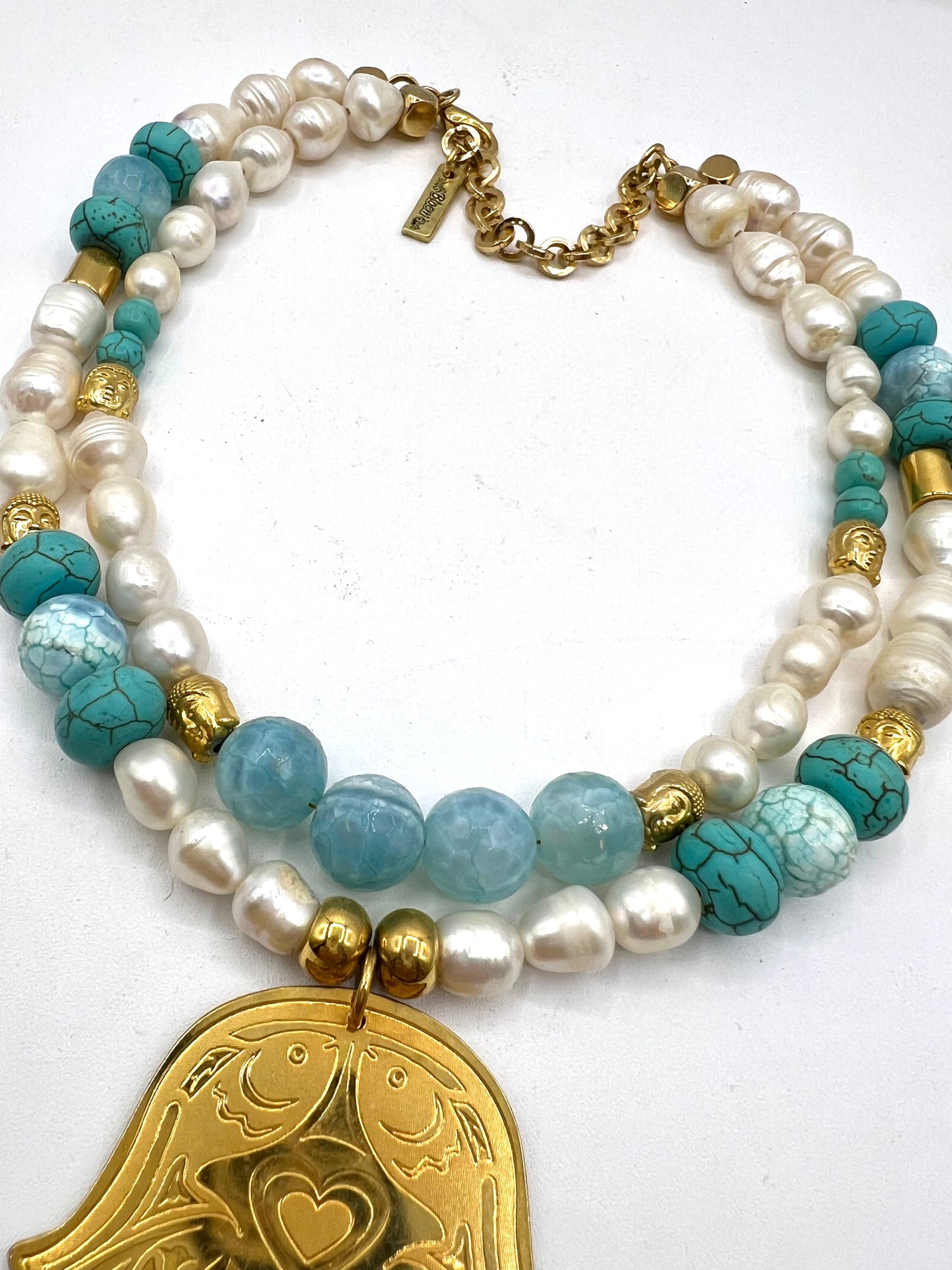 Large Statement Necklace Pearl, Turquoise, Blue Agate Crystals Buddha and Gold Hamsa Hand Bib Crystal Jewelry