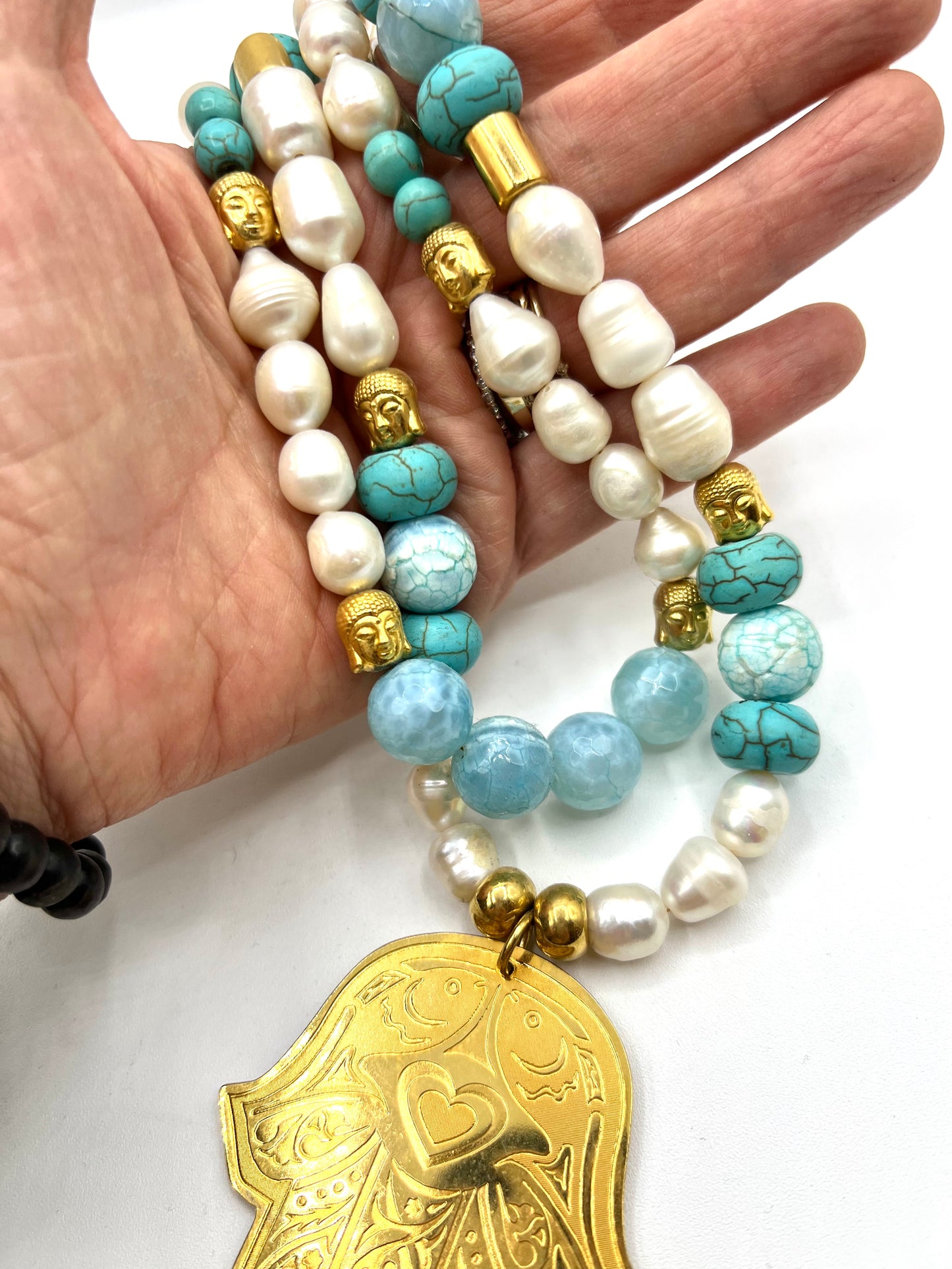 Large Statement Necklace Pearl, Turquoise, Blue Agate Crystals Buddha and Gold Hamsa Hand Bib Crystal Jewelry