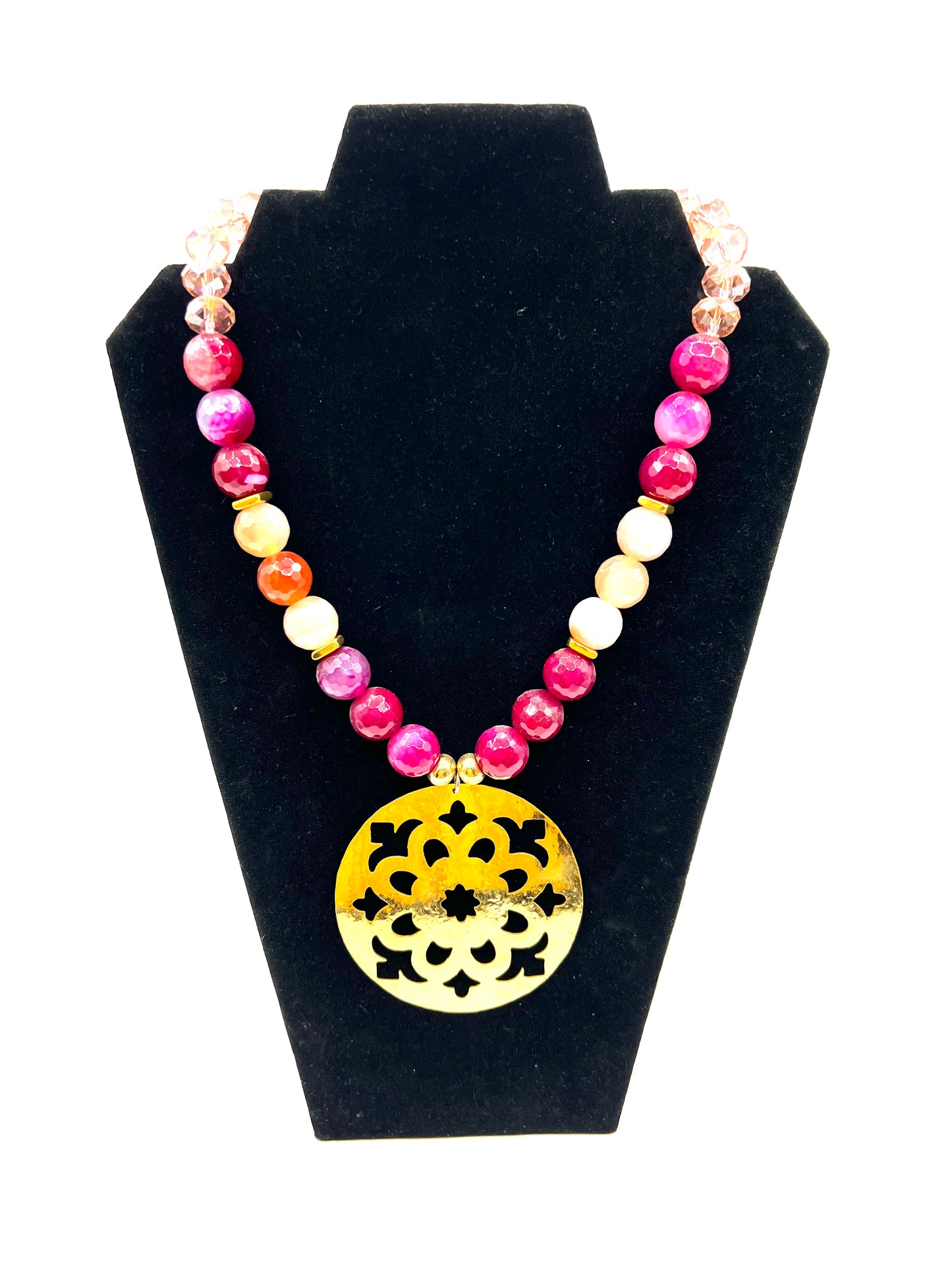 Pink Agate Crystal Statement Necklace Large Gold Pendant Bib