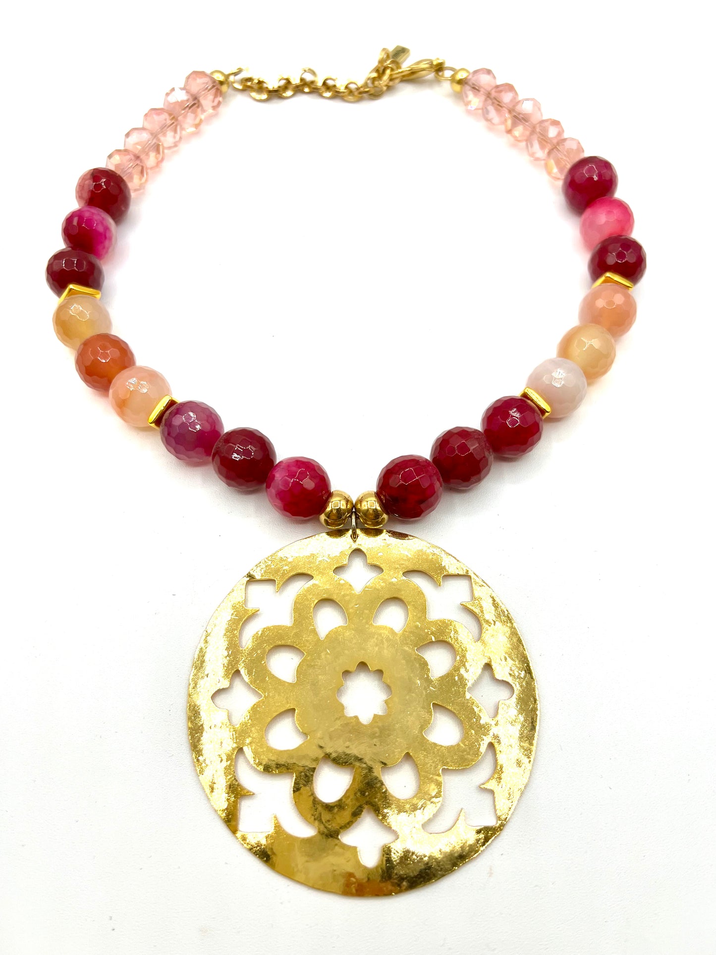 Pink Agate Crystal Statement Necklace Large Gold Pendant Bib