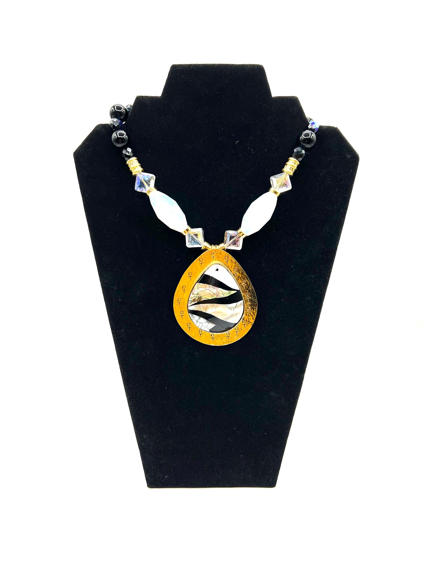 Large Bic Crystal Hand Made Necklace Ophiolite Abalone Shells, Obsidian, clear quartz Statement Large pendant gold