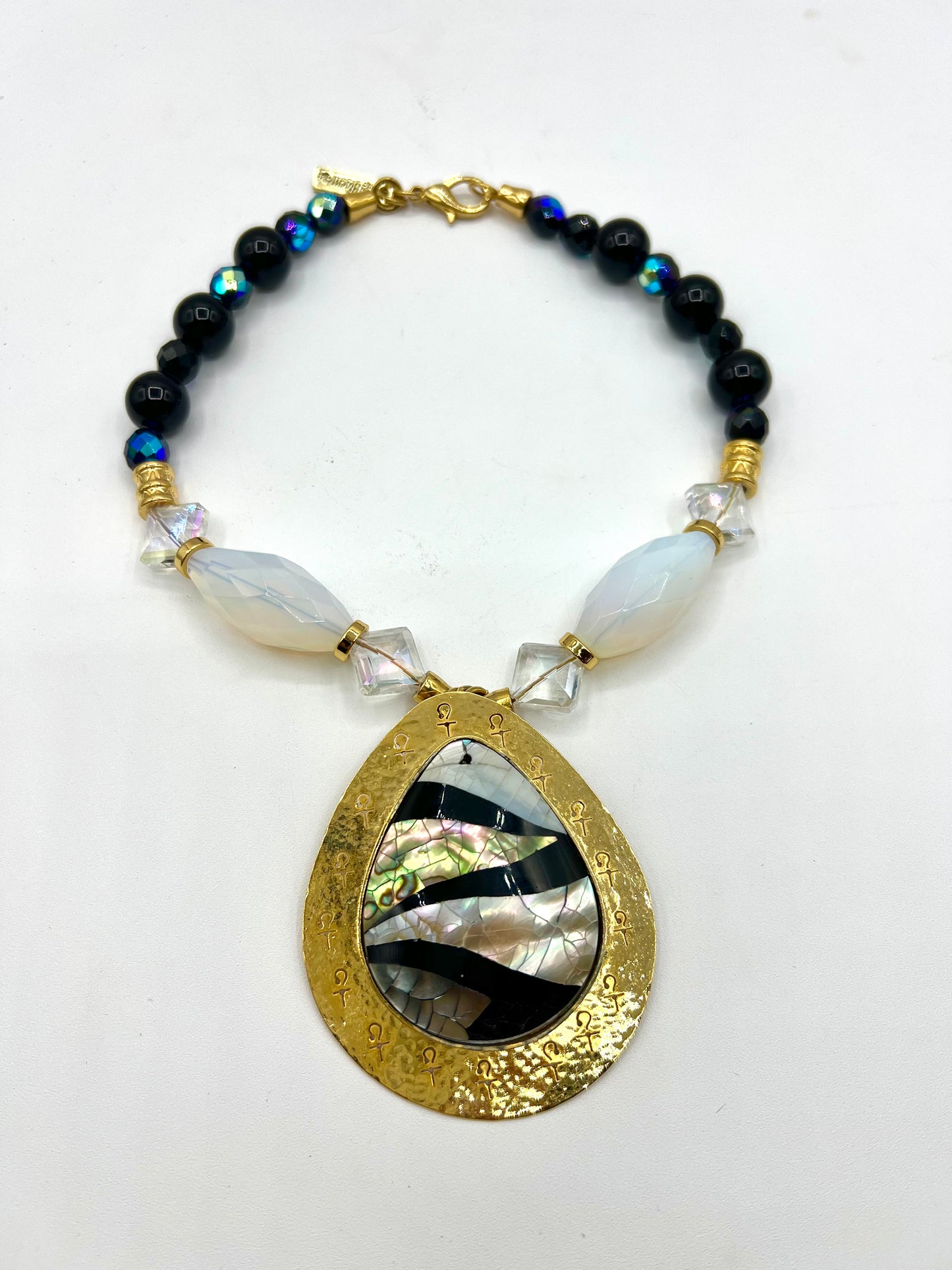 Large Bic Crystal Hand Made Necklace Ophiolite Abalone Shells, Obsidian, clear quartz Statement Large pendant gold