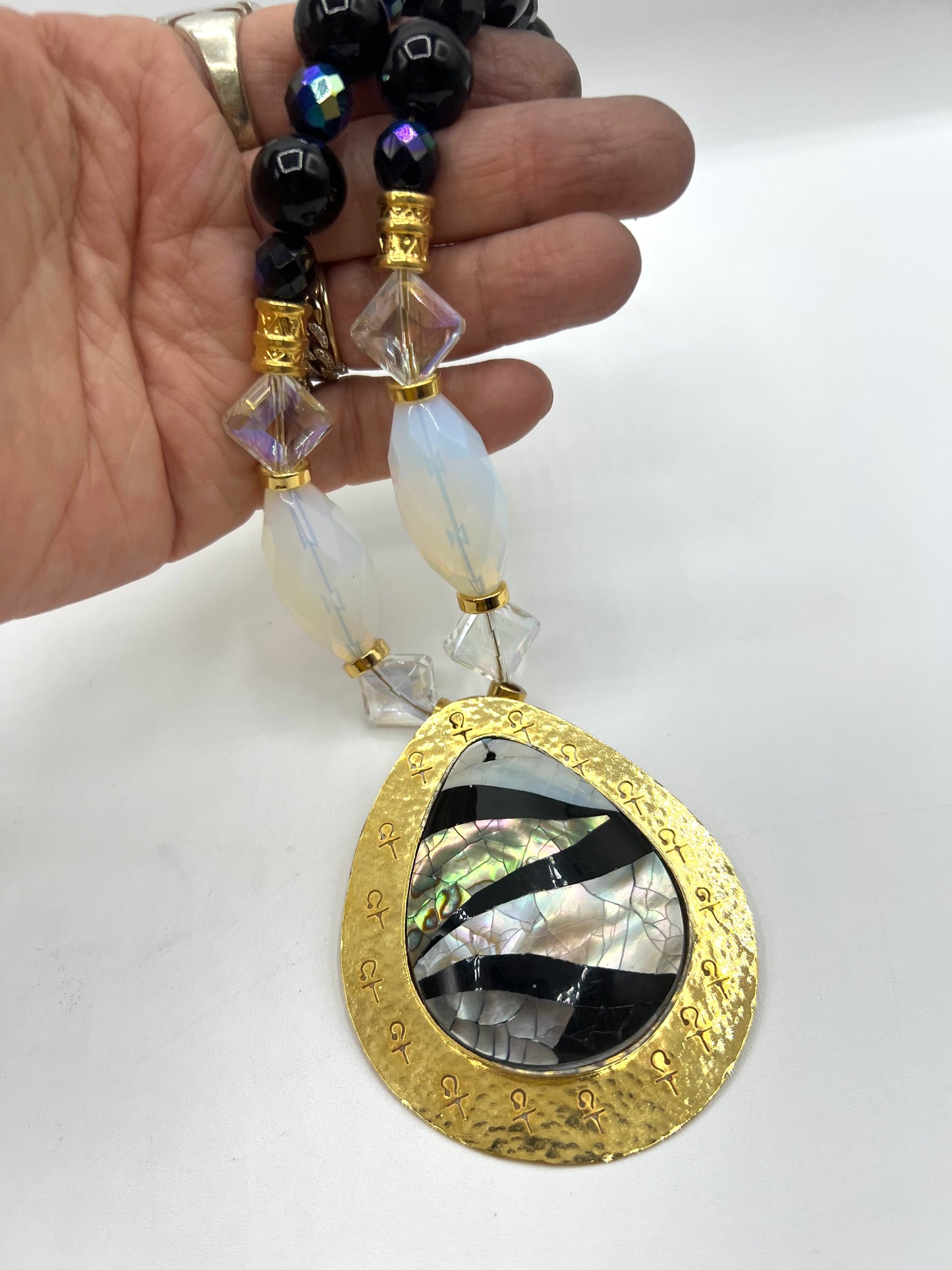 Large Bic Crystal Hand Made Necklace Ophiolite Abalone Shells, Obsidian, clear quartz Statement Large pendant gold